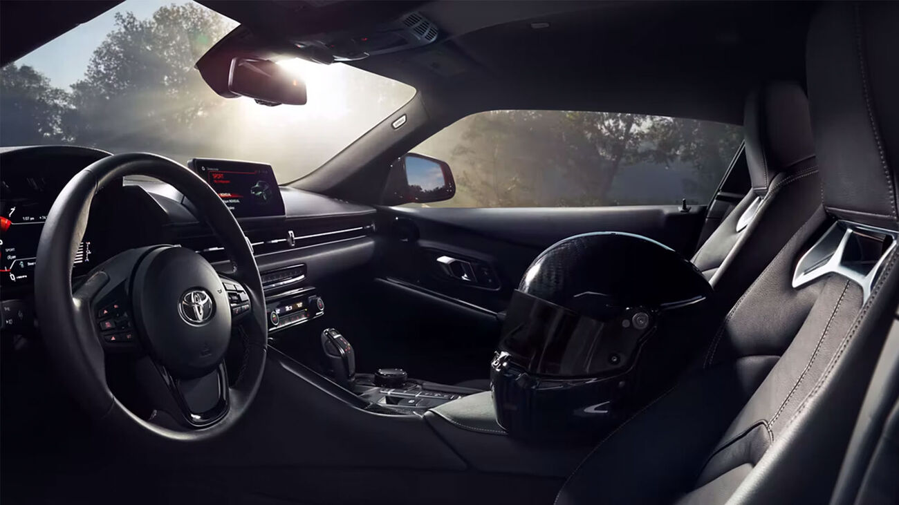GR Corolla&rsquo;s race inspired interior with Black BRIN&bull;NAUB&reg; and synthetic leather trim with Gray stitching.
