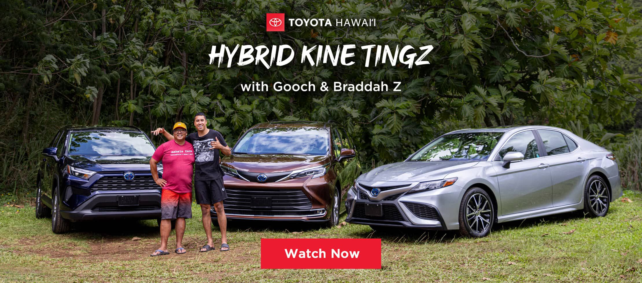 Toyota Hawaiʻi Ambassadors Mark Noguchi (aka Gooch) and Zavier Cummings (aka Howsdisguy) posing in front of a Toyota RAV4 Hybrid, Sienna, and Camry Hybrid vehicle.