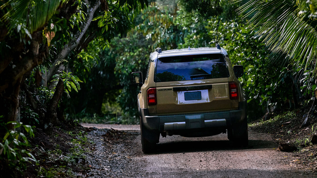 Toyota Land Cruiser in Trail Dust driving away on a rocky dirt path.
