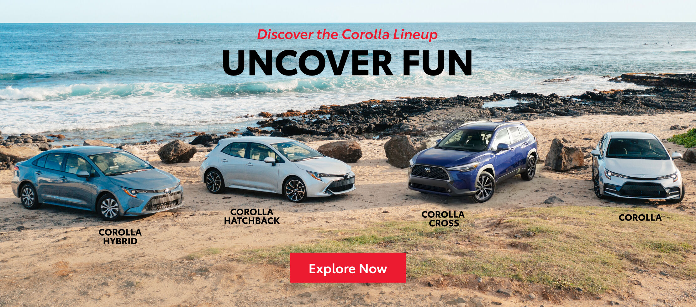 The 2022 Corolla Family lineup displayed on a sandy beach.