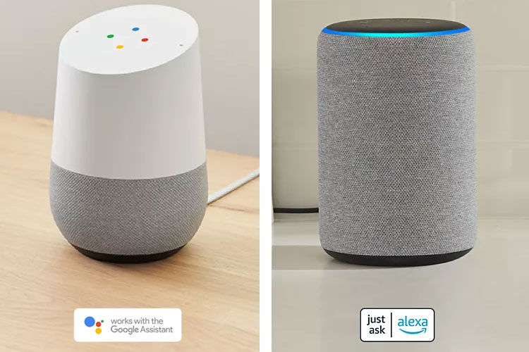 Side by side image comparison of the Google Assistant and Amazon Alexa home devices.