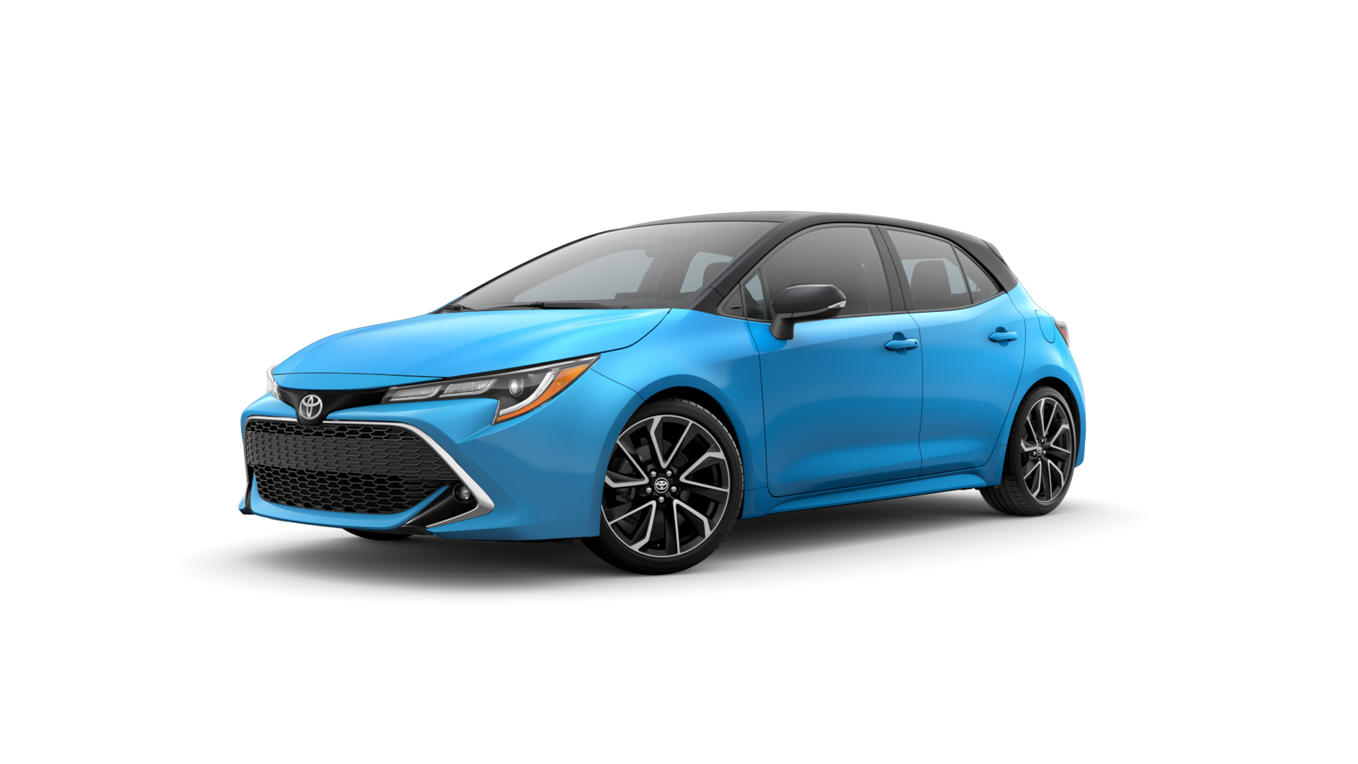 2021 Toyota Hatchback in Blue Flame/Midnight Black Metallic Roof.
