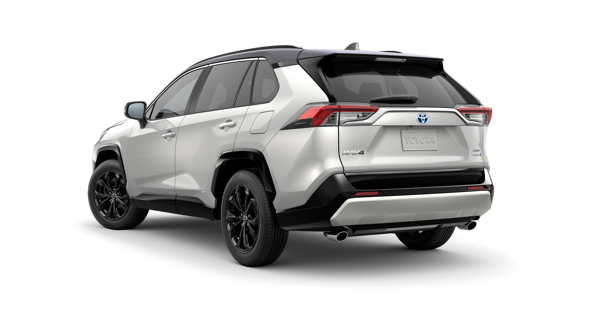 Hybrid Toyota LE in Blizzard Pearl/Midnight Black Metallic Roof.