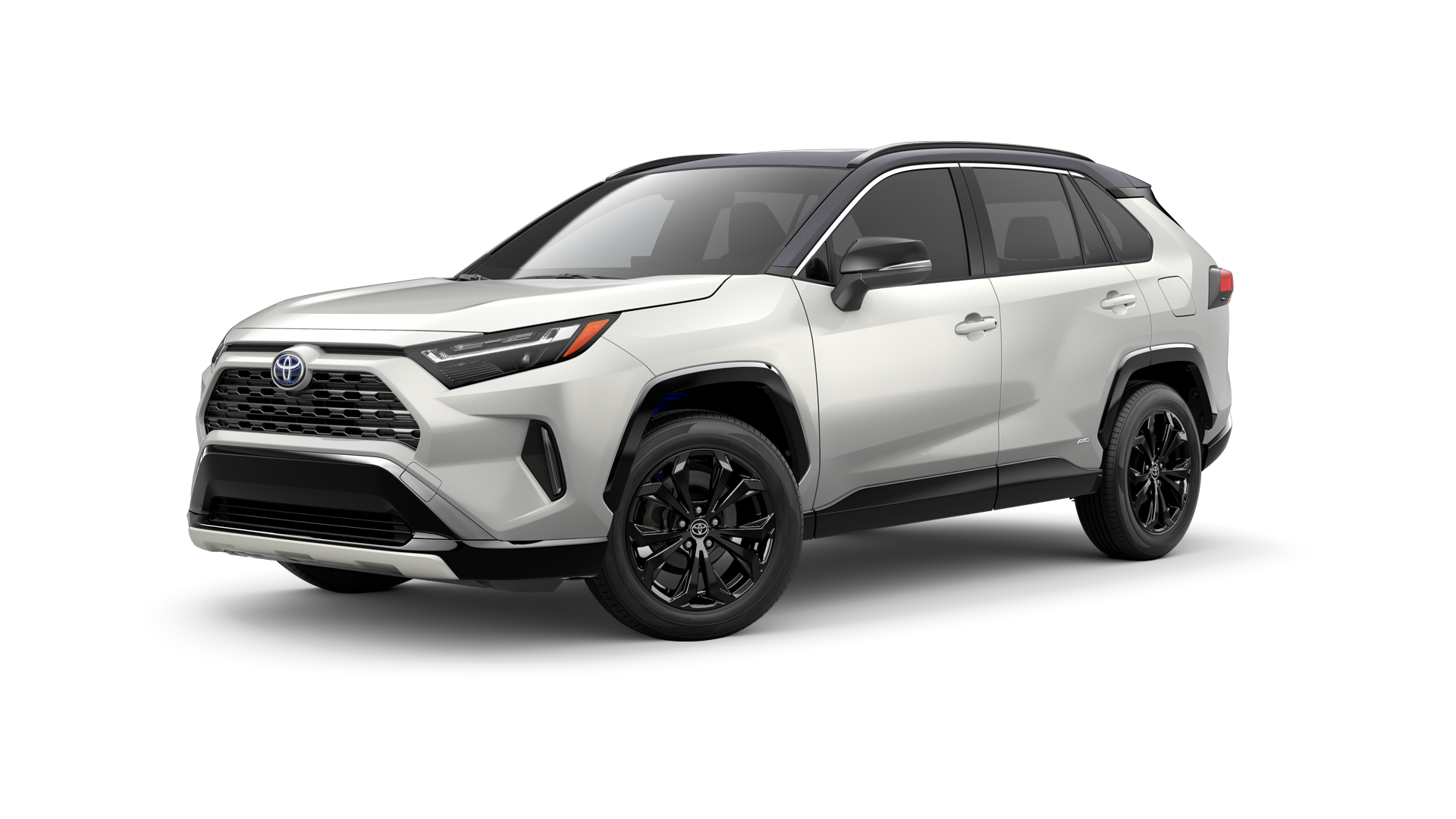 Hybrid Toyota LE in Blizzard Pearl/Midnight Black Metallic Roof.